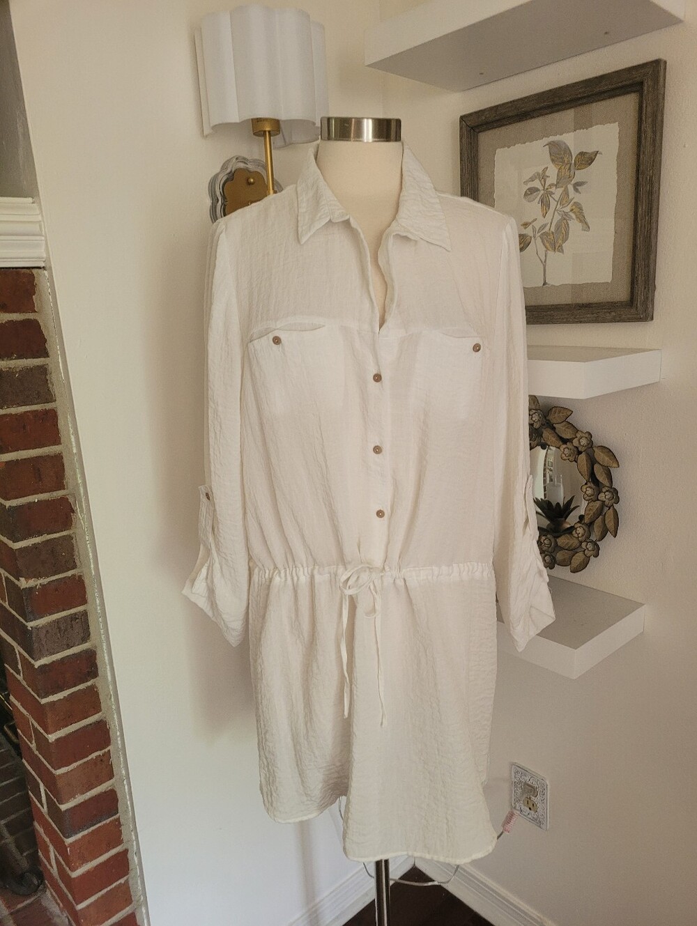 Zara Basic Casual Crinkle Cotton Button-Front Drawstring Shirt Dress White XXL